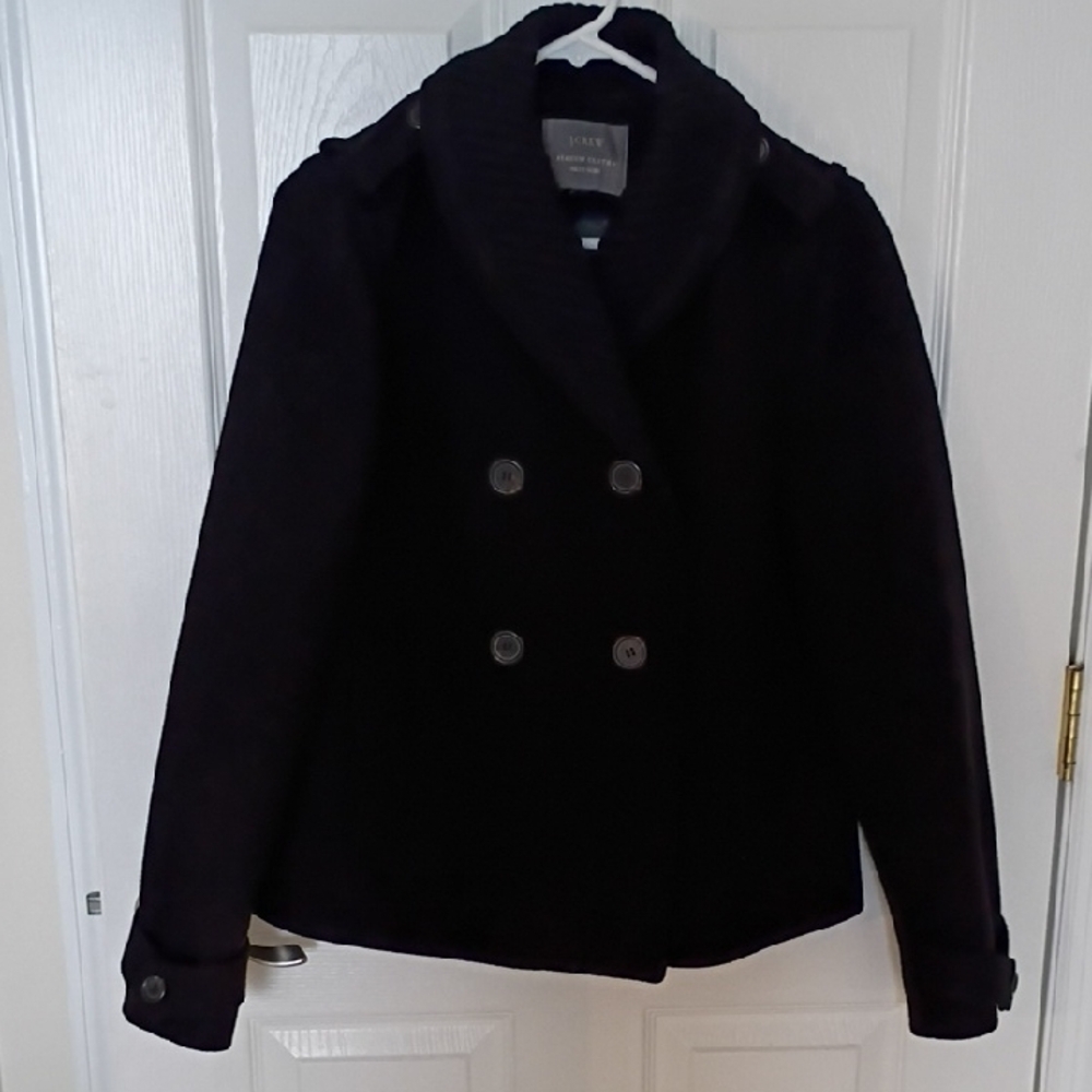 J. Crew Black Double Breasted Stadium Cloth Pea Coat, 10